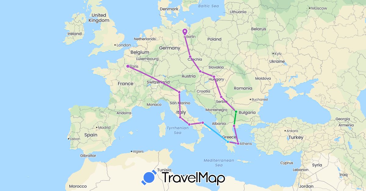 TravelMap itinerary: driving, bus, train, boat in Austria, Bulgaria, Czech Republic, Germany, France, Greece, Hungary, Italy, Serbia (Europe)